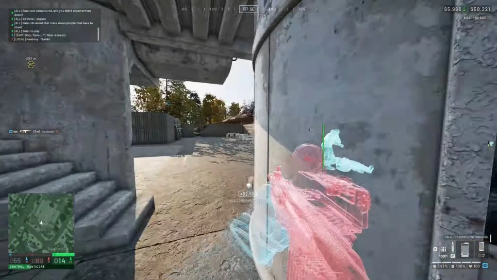 WARDOGS stairwell fight with player ESP marker on an enemy behind cover